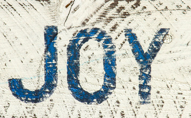 Wood sign with the word JOY painted on it.