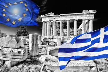 Acropolis with flags of Greece and European Union in Athens, Greece