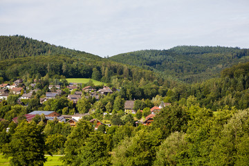 Beautiful countryside mountain landscape with a little red roof houses in village. Germany, Black forest, Schwarzwald, Seelbach.