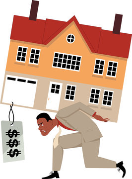Depressed man carrying a house with a huge mortgage price tag, vector illustration, EPS 8