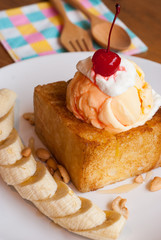 Honey toast with ice-cream and banana