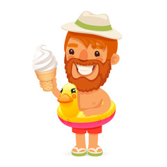 Bearded Man with Ice Cream on the Beach