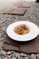 Spaghetti with dried chilli ,bacon and garlic.