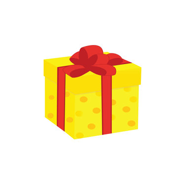 yellow dotted gift box, tied with red ribbon