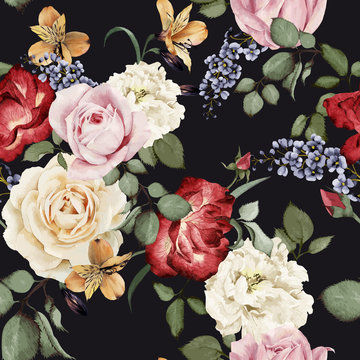 Seamless floral pattern with roses, watercolor. Vector illustrat
