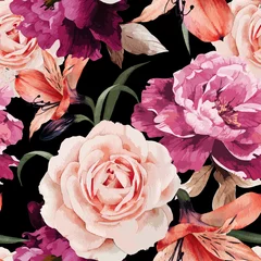 Fototapete Rosen Nahtloses Blumenmuster mit Rosen, Aquarell. Vektorillustration