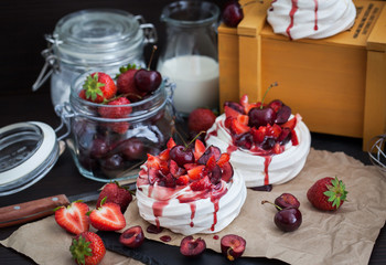  Pavlova meringue cake with fresh strawberry and cherry