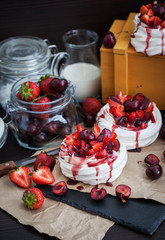  Pavlova meringue cake with fresh strawberry and cherry