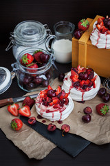  Pavlova meringue cake with fresh strawberry and cherry