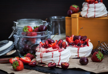  Pavlova meringue cake with fresh strawberry and cherry