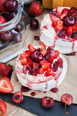  Pavlova meringue cake with fresh strawberry and cherry