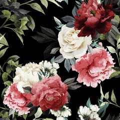 Naklejki  Kwiatowy wzór z różami, akwarela. Ilustracja wektorowa