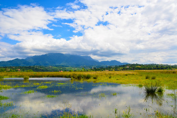 Cloudy sky reflected in a lake