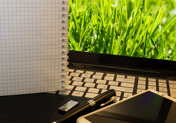 Office workplace with notebook, smart phone, pen, flash drive and wordpad with green grass background