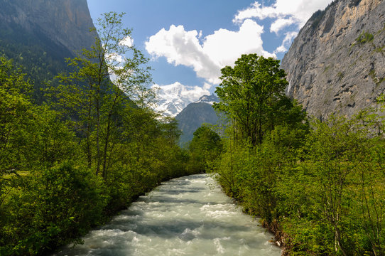 Rapid Stream in Lauterbrunnen Valley in Swiss Alps