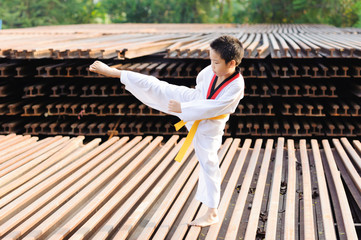 Asian boy practice taekwondo