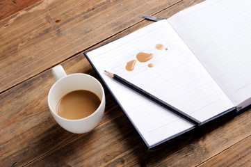 Coffee in cup drop on the white page