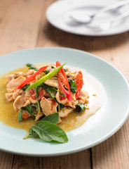 Stir Fried Chicken with Holy Basil. Kra-pao-kai is the Thailand food name