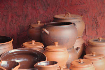 Different kinds of ceramics pots taken closeup.