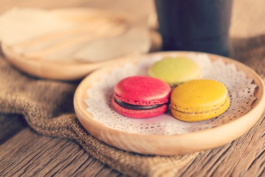 Macaroon dessert served with coffee as afternoon snacks.