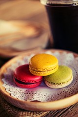 Macaroon dessert served with coffee as afternoon snacks.