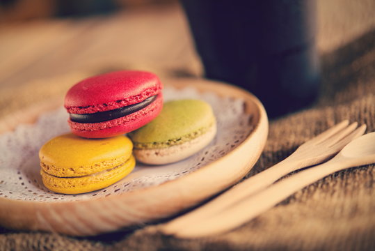 Macaroon dessert served with coffee as afternoon snacks.
