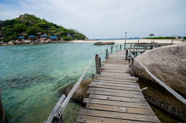 Nang Yuan Island with Wooden Footbridge to the beach.