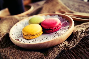 Macaroon dessert served with coffee as afternoon snacks.