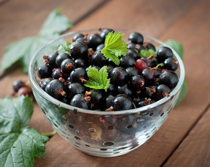 Black currants in a glass bowl on a wooden background