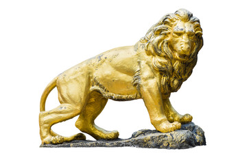 Naklejka premium Golden lion statue isolated on white background.