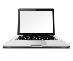 Laptop with blank white screen.