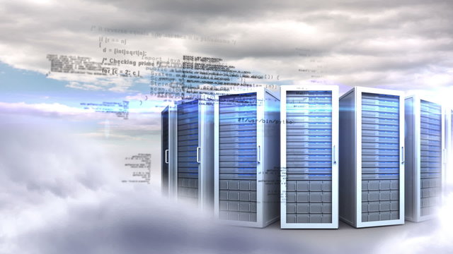 Servers towers on cloudy sky background 