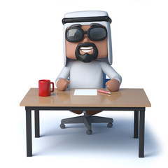 3d Arab sheik sits at a desk