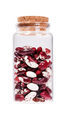 Mottled haricot legumes beans in a glass bottle with cork stoppe