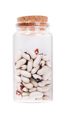 Great Northern Beans in a glass bottle with cork stopper, isolat
