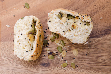  multigrain bread on wood chopping board