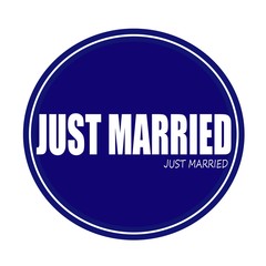 JUST MARRIED white stamp text on blue