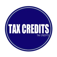 TAX CREDITS white stamp text on blue