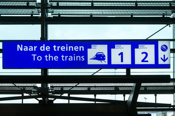 Directional sign to trains in Schiphol International Airport, Amsterdam
