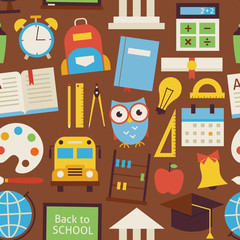 Vector Flat Seamless Pattern Back to School and Education Objects 