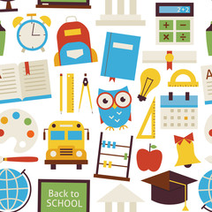 Flat Seamless Pattern Back to School Objects over White