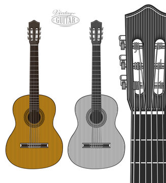  Guitar in engraving style. Vector illustration isolated grouped, transparent background

