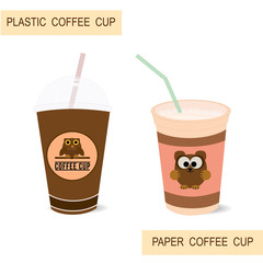 Plastic and paper coffee cups. Illustration of isolated cups with design.
