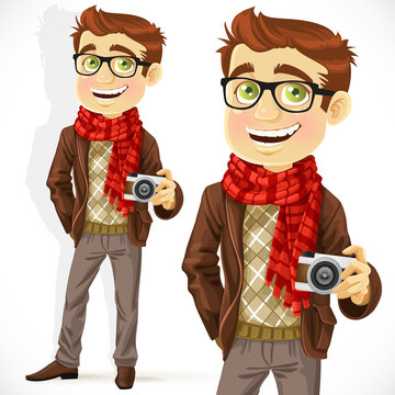 Hipster guy wearing a scarf and with camera