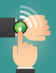 Hand pointing a smart watch with a pill