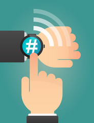 Hand pointing a smart watch with a hash tag