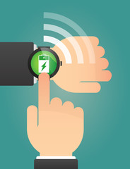 Hand pointing a smart watch with a battery