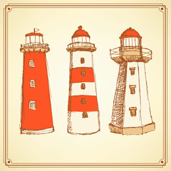 Sketch cute lighthouse in vintage style
