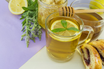Cold mint tea with lemon on a table with mint plant, honey,dippe