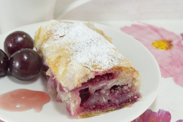 Homemade cherry pie covered with sugar and decorated with raw ch